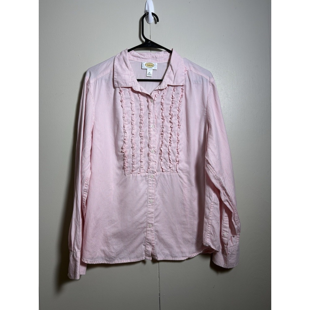 Talbots Pink White Striped Button Down Blouse XL Cotton Ruffle Front Office